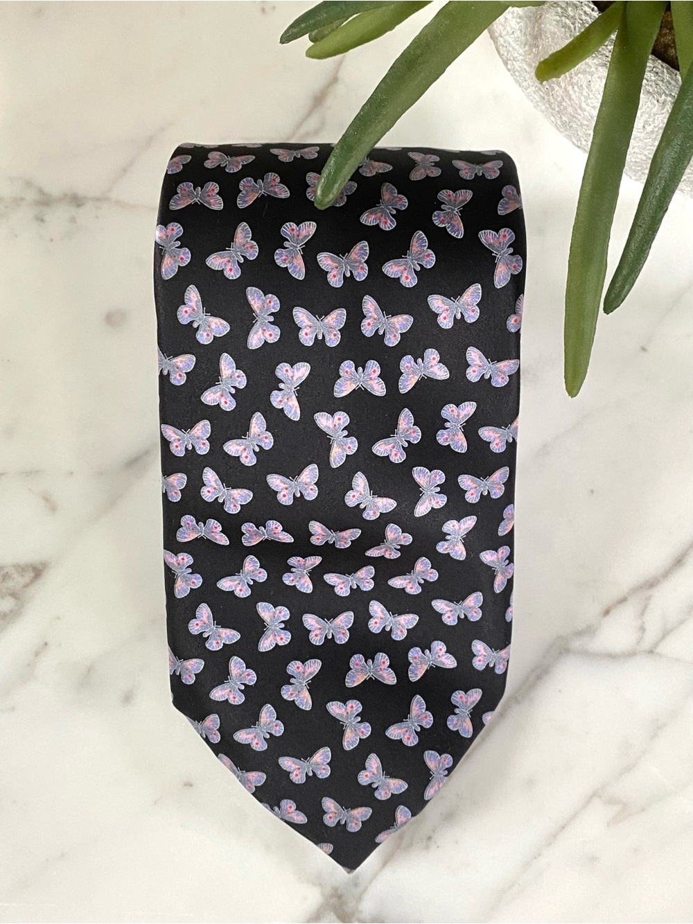 STEFANO RICCI - 100% Silk Black Neck Tie with Pink & Lavender Butterfly Print